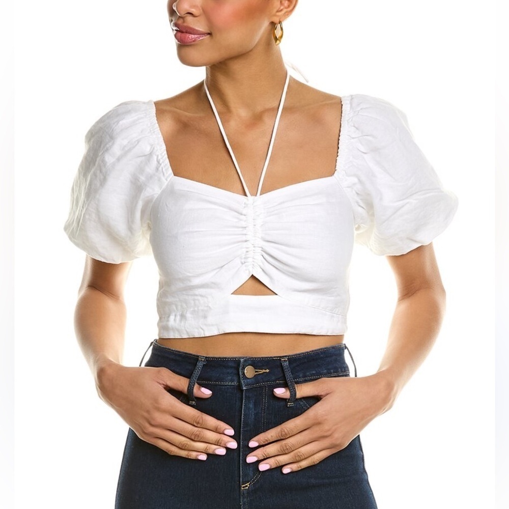 NWT Boden Halter Cut Out Crop Top Linen White Puff Sleeve Size 8